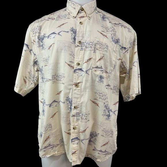 Columbia Shirt Men’s Medium White Fish Print Button Up Fishing Outdoor (651) - Picture 1 of 7